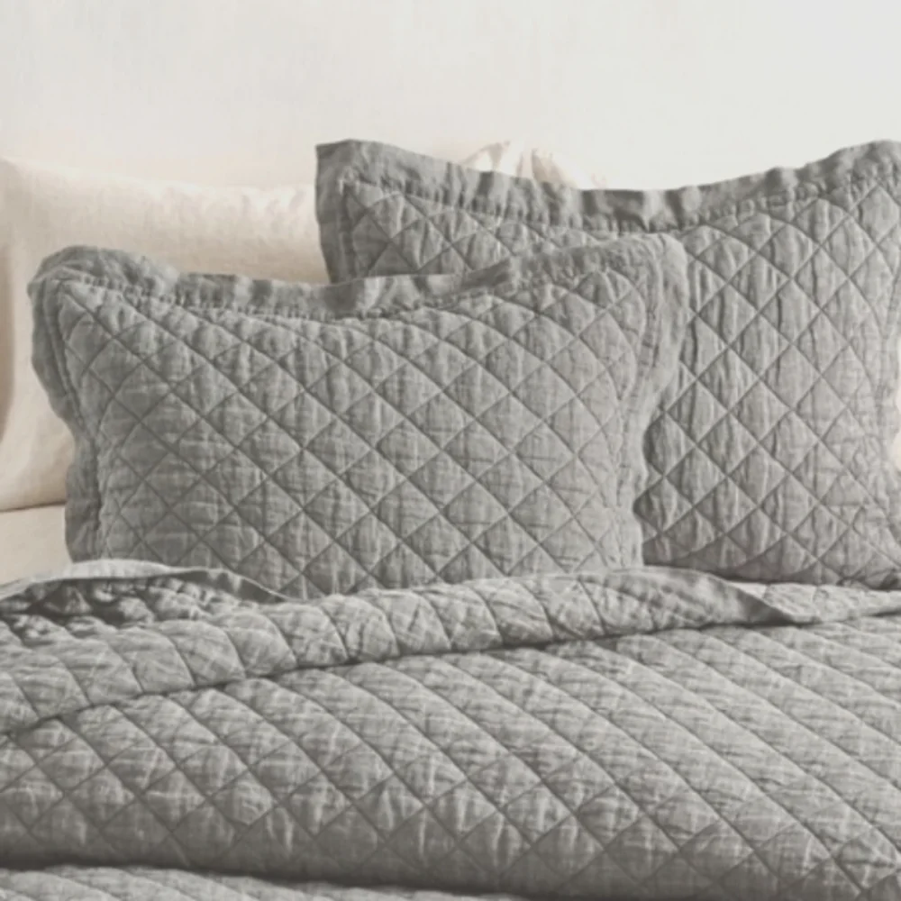 Pottery Barn Belgian Flax Pure Linen Diamond Quilt Standard Sham PAIR GRAY